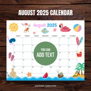 EDITABLE August 2025 Calendar Fillable Monthly, Printable Planner Monthly Schedule Calendar Work Home School Summer Sun Swimming Beach PDF