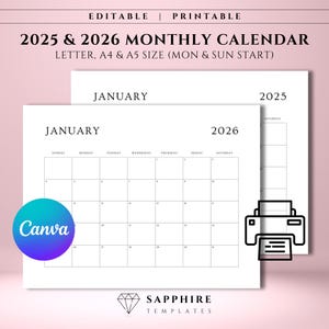 Plantilla imprimible de calendario editable 2025 2026, calendario mensual Canva PDF, planificador mensual minimalista, tamaño carta A4 A5 horizontal imprimible