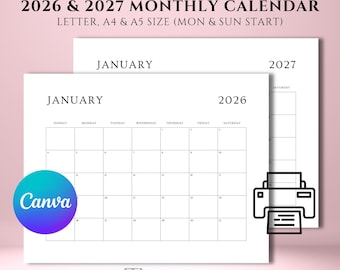 EDITABLE 2026 2027 Calendar Printable Template, Canva Monthly Calendar PDF, Minimalist Monthly Planner, Letter A4 A5 Landscape Printable