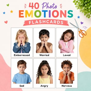 May include: A set of 40 Photo Emotions Flashcards featuring children expressing various feelings. The cards display images labelled Embarrassed, Worried, Loved, Sad, Angry, and Nervous. The design includes colourful text, stars, hearts, and orange scissors.