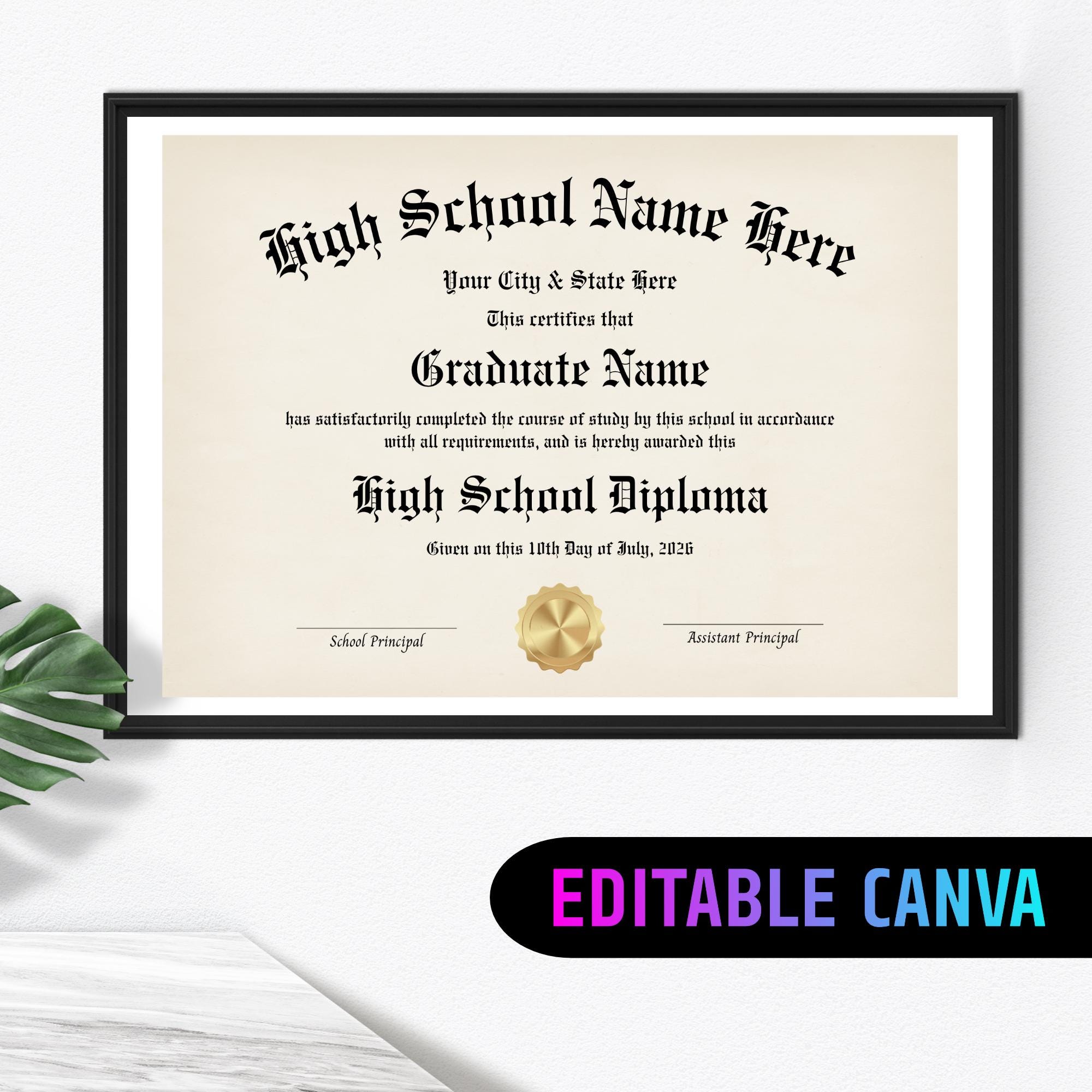 Editable High School Diploma Template Printable | Editable Canva ...