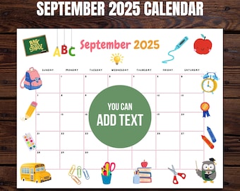 September 2025 Calendar Fillable Monthly, Printable Monthly Planner Editable Schedule Calendar Work Back to School Classroom Calendar