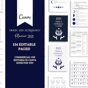 Modello modificabile per l&#39;astrologia e il diario lunare Canva per uso commerciale, Planner 2025 - Date astrologiche, magia lunare - Rivendilo!
