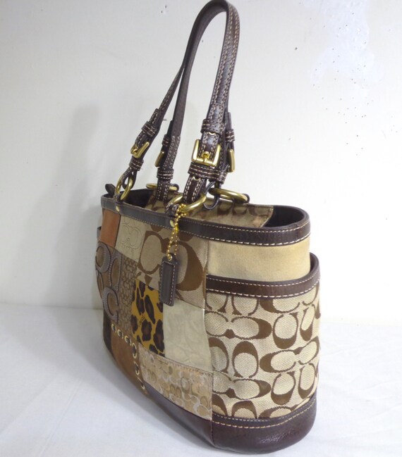 COACH Tote Bag Brown and Gold PATCHWORK F12843 Le… - image 3