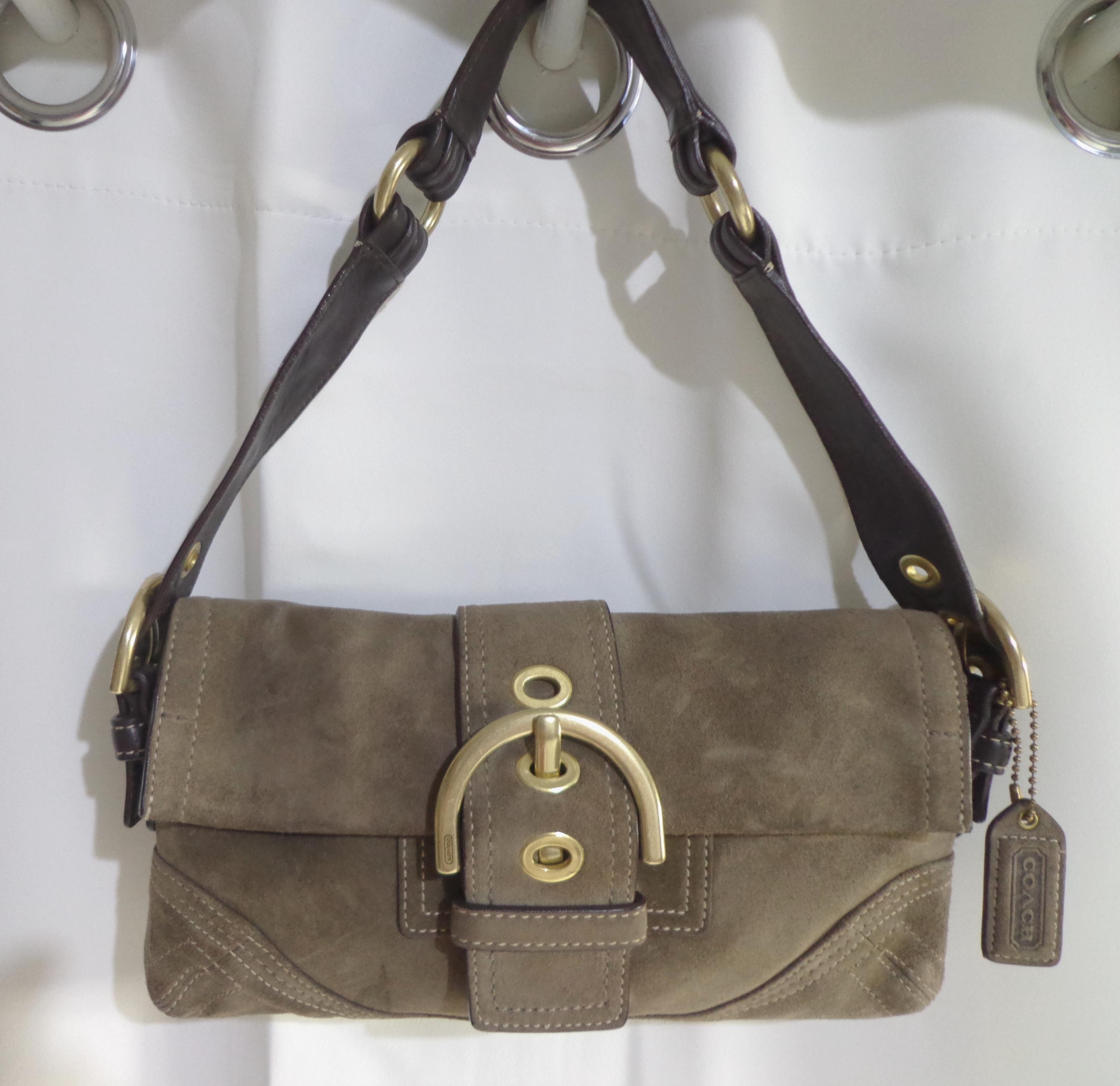 Coach 8A18 Suede Kahki Brown Leather Shoulder Bag Handbag Purse