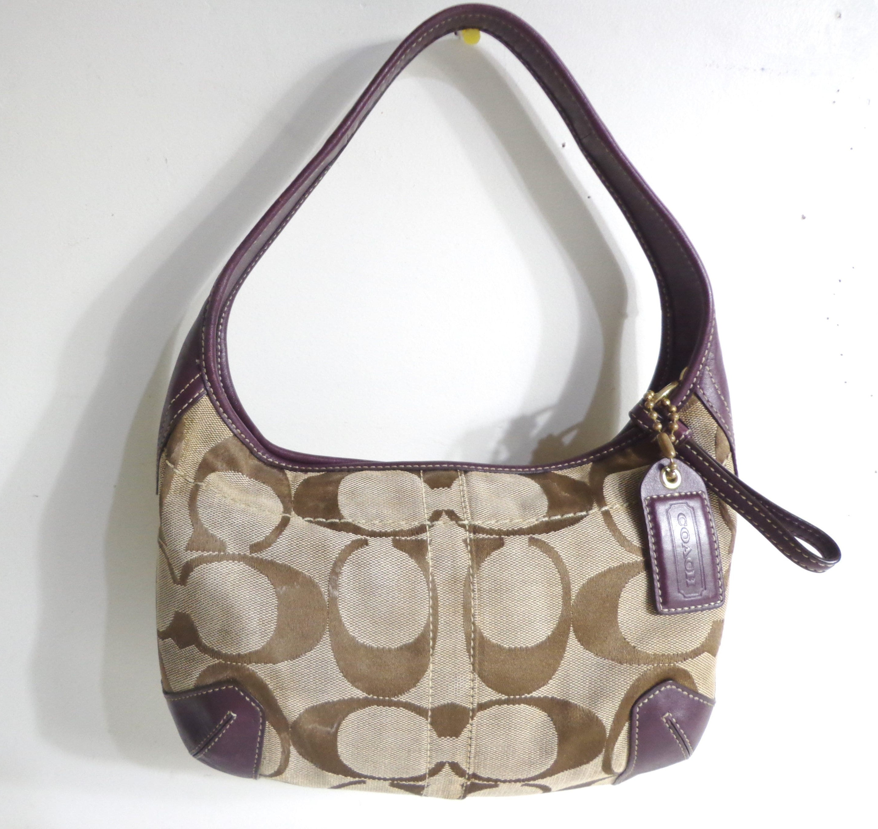 COACH ERGO 11289 Vintage Khaki Signature Canvas Purple Leather Bag 