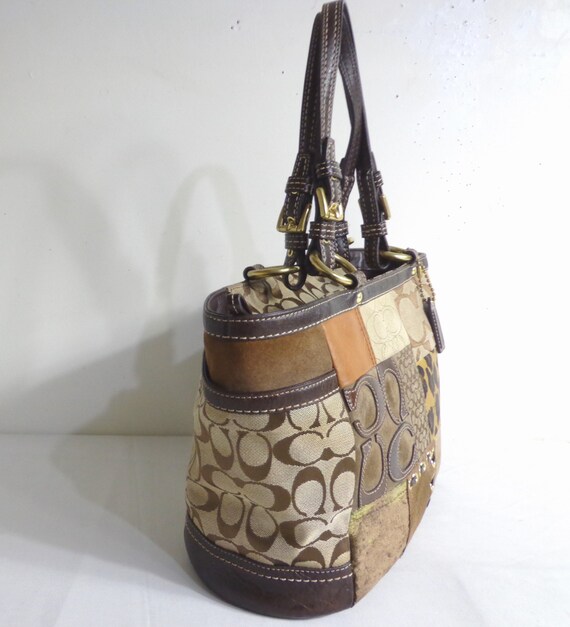 COACH Tote Bag Brown and Gold PATCHWORK F12843 Le… - image 2
