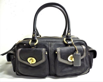 COACH 4452 Black Sateen Leather Bag Turn Lock Pockets Purse Satchel Handbag