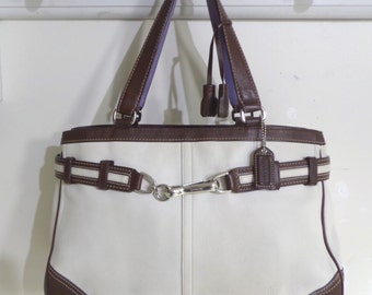 COACH 10521 Vintage Cream & Brown Leather Tote Bag Belted Satchel Shoulder Purse Handbag Carryall