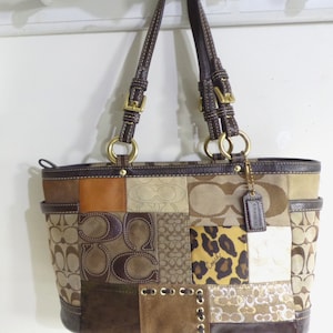 COACH Tote Bag Brown and Gold PATCHWORK F12843 Leopard Signature