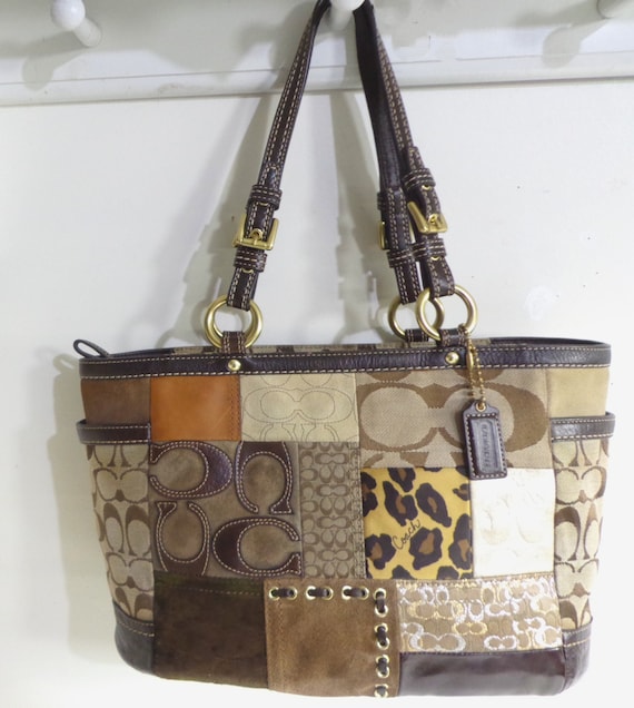 COACH Tote Bag Brown and Gold PATCHWORK F12843 Le… - image 1