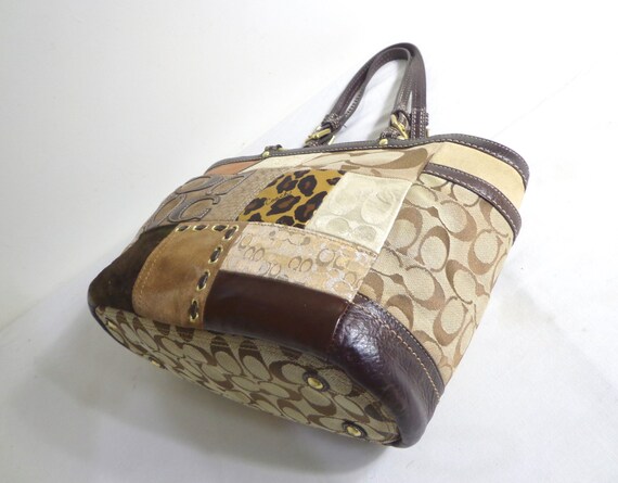 COACH Tote Bag Brown and Gold PATCHWORK F12843 Le… - image 8