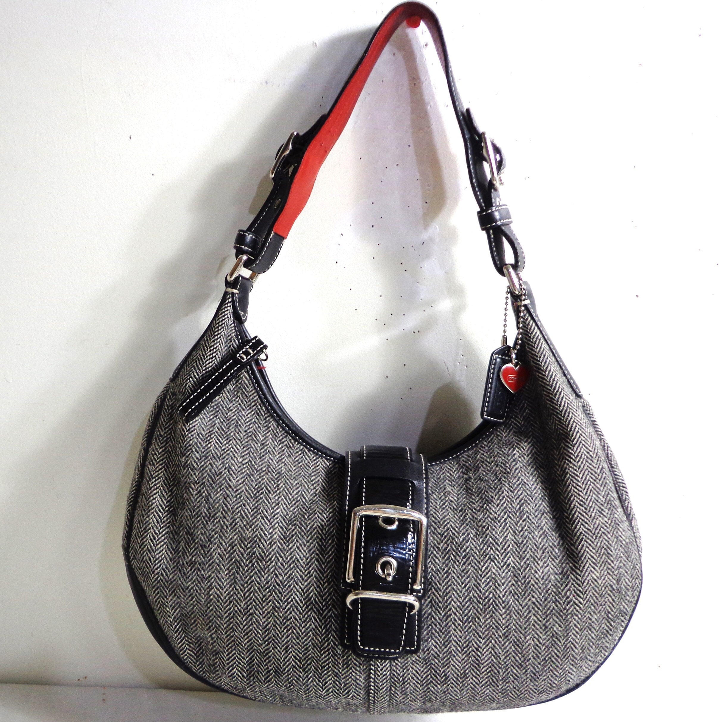 COACH G04J-1407 Vintage Black & Gray Herringbone Tweed Leather Bag