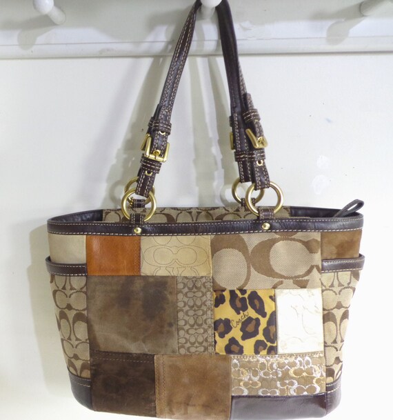 COACH Tote Bag Brown and Gold PATCHWORK F12843 Le… - image 5