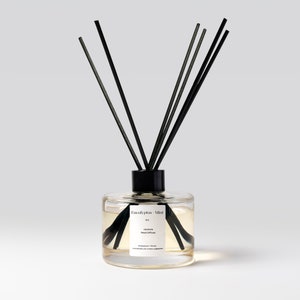 Peut inclure: Un diffuseur en verre transparent avec des bâtonnets noirs. Le flacon a un bouchon noir et contient un liquide jaune clair. Une étiquette blanche indique "Eucalyptus - Mint" et "Sea".