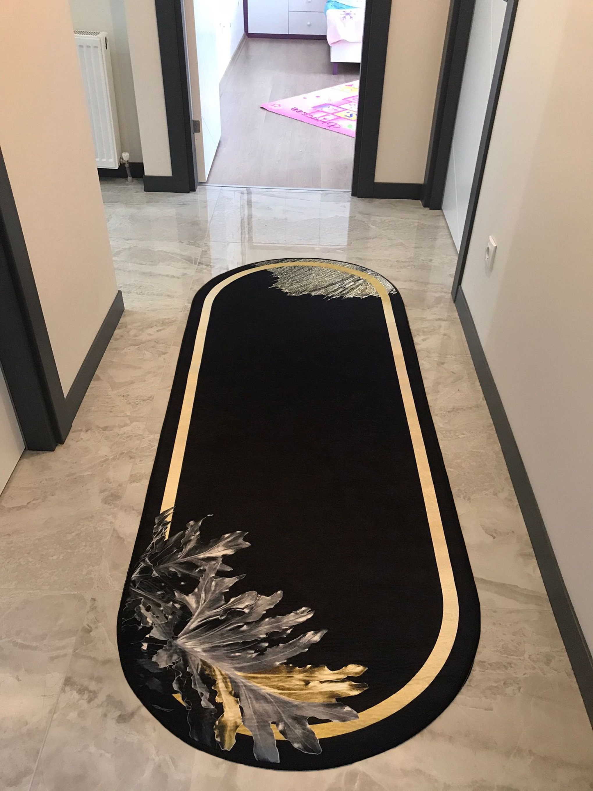 Black Gold Leaf Detailed Entrance Floor Rug Hallway Rug - Etsy