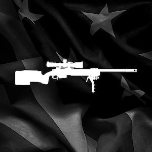May include: A white silhouette of a sniper rifle against a black and white American flag background.