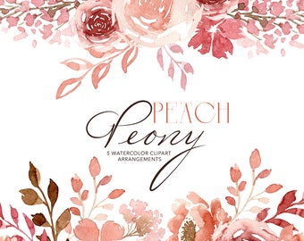 Peach Peony Bouquets Clipart, Pink Arrangements Clipart, Peach Pink Peony Watercolor Clipart, Pink Floral Watercolor Clipart, Floral Clipart