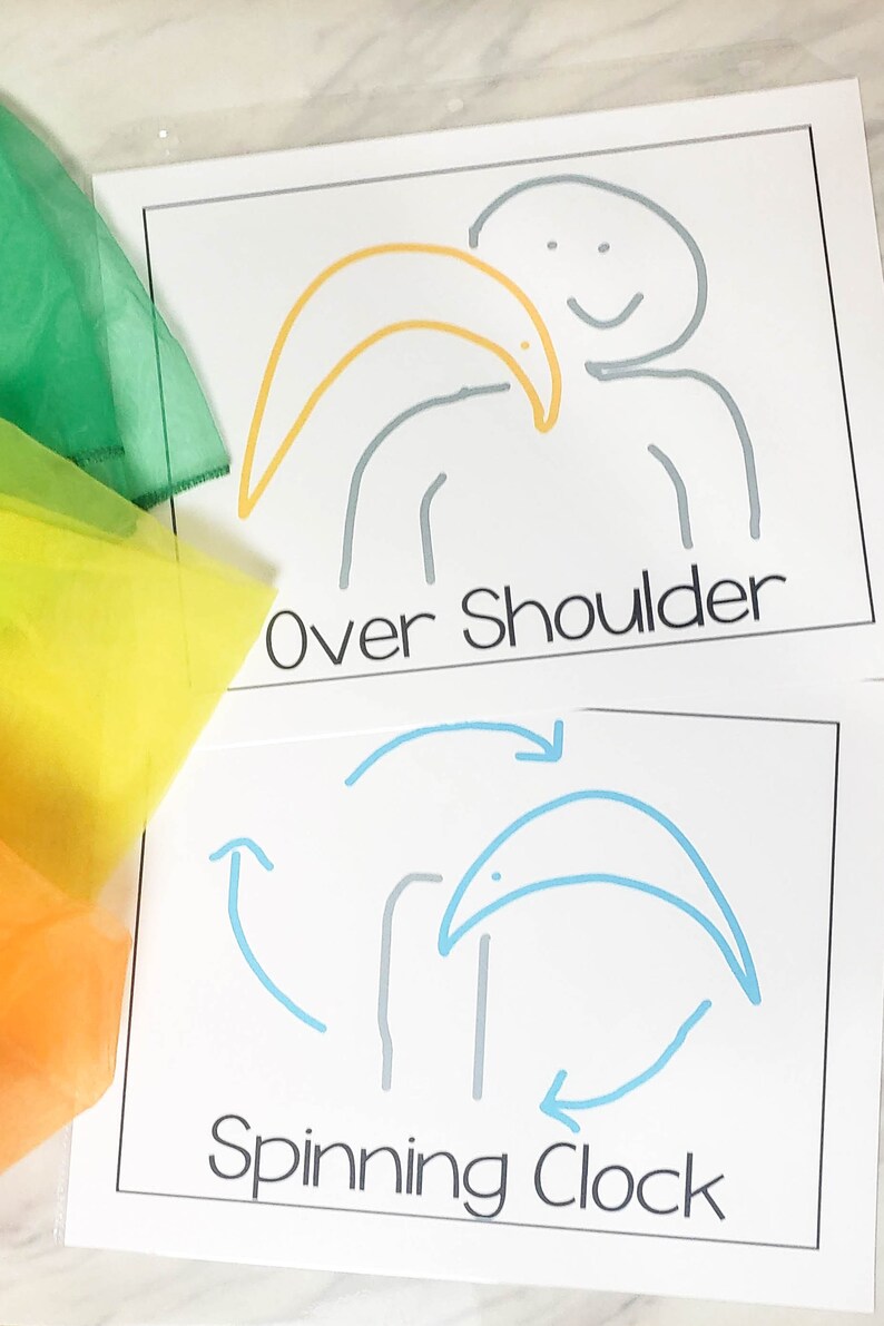 Puede incluir: Dos tarjetas imprimibles con instrucciones para una actividad de pa&ntilde;uelo. La tarjeta superior muestra una figura de palo con un pa&ntilde;uelo amarillo que se pasa por encima del hombro. El texto dice "Over Shoulder". La tarjeta inferior muestra una figura de palo con un pa&ntilde;uelo azul que gira en c&iacute;rculo a su alrededor. El texto dice "Spinning Clock".