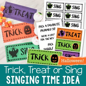 May include: A collection of Halloween-themed printables with the words "Trick," "Treat," and "Sing." The designs include a jack-o'-lantern, a ghost, and a witch. The text "Trick, Treat or Sing SINGING TIME IDEA" is at the bottom.