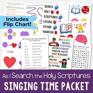 Op de afbeelding: Een verzameling kleurrijke, geïllustreerde kaarten en een flip-chart voor een 'Singing Time Packet'. De kaarten tonen harten, handen en open boeken, met tekst als 'Search Holy Scriptures'. Het pakket bevat een woordzoeker en andere activiteiten.