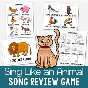 Könnte beinhalten: Ein farbenfrohes Lernspiel mit Tierillustrationen und Sätzen wie "Galoppieren wie ein Pferd" und "Brüllen wie ein Löwe". Das Spiel enthält eine Cartoon-Katze und den Text "Sing Like an Animal Song Review Game."