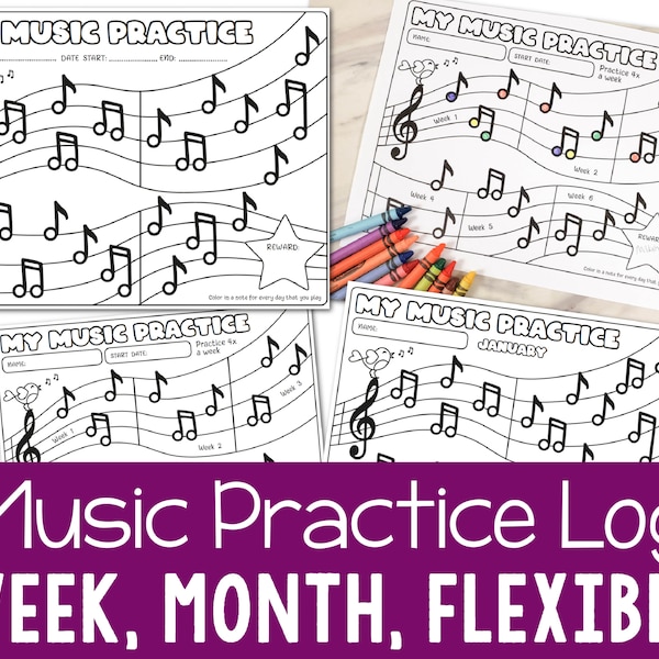 Music Practice Tracker | Piano log, sheet, reward chart with Weekly, Monthly, and Flexible Dates Color-in Notes for Practicing an Instrument