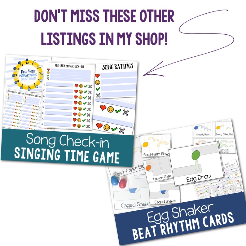 Find fun and easy singing time lessons and LDS printables in the Primary Singing Etsy shop! Primary song check-in singing time review game and egg shaker beat rhythm cards.