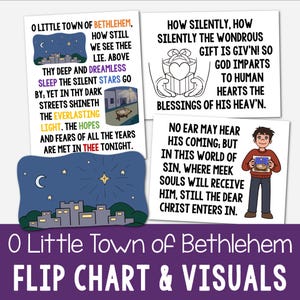 以下が含まれることがあります： クリスマスのキャロル「O Little Town of Bethlehem」の歌詞が書かれたイラストカードのセット。カードには、夜の町、贈り物、絵を持っている人の絵が描かれています。「O Little Town of Bethlehem Flip Chart & Visuals」というタイトルが一番下にあります。