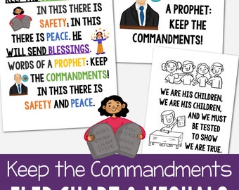 Keep the Commandments Flip Chart Visual Aids for LDS Primary Music Leader Song Helps Slideshow Black/White & Color with Lyrics Printable PDF