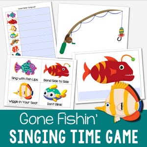 Op de afbeelding: Een kleurrijk spel voor kinderen genaamd "Gone Fishin' Singing Time Game". Het spel bevat een hengel, vissenkaarten met verschillende acties en een liedjeslijst.