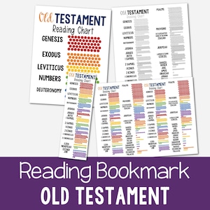Può includere: Una collezione di grafici e segnalibri di lettura dell'Antico Testamento. I grafici presentano elenchi di libri con indicatori di avanzamento codificati a colori. Il testo "Old Testament Reading Chart" è visibile. I segnalibri hanno il testo "Reading Bookmark OLD TESTAMENT".