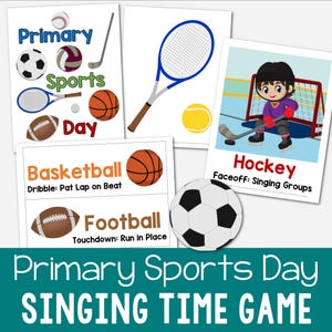 Könnte beinhalten: Ein buntes, druckbares Spiel für Grundschüler mit verschiedenen Sportarten wie Basketball, Fußball, Hockey und Tennis. Das Spiel heißt "Primary Sports Day Singing Time Game".
