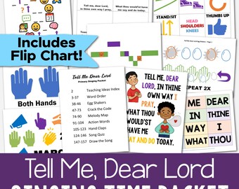 May include: A collection of educational activity sheets titled Tell Me, Dear Lord Singing Time Packet. The pages feature colorful illustrations, emoji codes, hand motion diagrams, action word cards, and song lyrics designed for teaching children music.