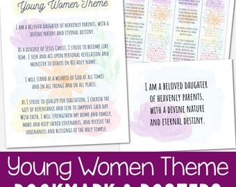 Young Women Theme Poster & Bookmarks Printable Art LDS Come Follow Me Recite and Memorize Church Theme Ideas First Letters Challenge Chart