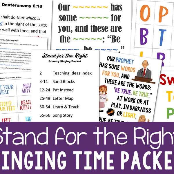 Stand for the Right Singing Time Packet Primary Music Leader Lesson Plans 6 Activities LDS Song Helps Printable PDF Flip Chart Visual Aids