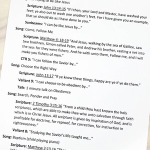 May include: A white sheet of paper with black printed text titled Primary Program Suggested Outline. The document lists various songs, scripture references including John 13:14-15 and Matthew 4:18-19, and prompts for children such as I can be like Jesus by.