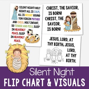 May include: A collection of illustrated cards with religious themes. The cards feature images of the Virgin Mary, baby Jesus, and the three wise men. Text includes phrases from the Christmas carol "Silent Night" and other religious verses. The words "Silent Night" and "Flip Chart & Visuals" are also displayed.
