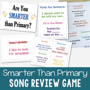 以下が含まれることがあります： 「Smarter Than Primary Song Review Game」というタイトルの、子供向けのカラフルな印刷可能なゲーム。このゲームには、穴埋め、文字の並べ替え、並べ替えなど、さまざまな種類の質問を含む、歌に関する質問が含まれています。
