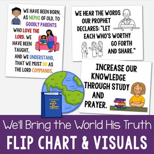 May include: A set of four colorful flip chart visuals with illustrations and text. The visuals are designed to help teach about sharing the gospel. The text includes: "We have been born, as Nephi of old, to goodly parents who love the Lord. We have been taught, and we understand, that we must do as the Lord commands.", "We hear the words our prophet declares: "Let each who's worthy go forth and share.", "Increase our knowledge through study and prayer."