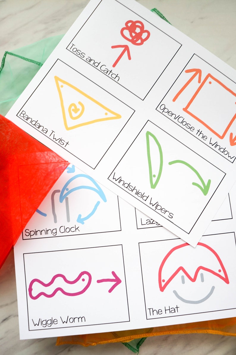 Puede incluir: Un conjunto de tarjetas imprimibles con ilustraciones y texto para jugar a un juego. Las tarjetas presentan instrucciones como "Lanzar y atrapar", "Girar el pa&ntilde;uelo", "Abrir/Cerrar la ventana", "Limpiaparabrisas", "Reloj giratorio", "Gusano que se retuerce", y "El sombrero".