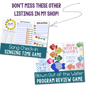 May include: Two printable game sheets featuring colourful graphics and text. One sheet is a New Year Primary Song Countdown with check-in lists and song ratings. The other is a Blown Out of the Water programme review game with fish illustrations.