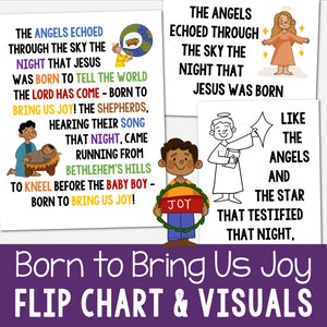 May include: A set of colorful visual aids with text about the birth of Jesus. The text includes phrases like "The Angels Echoed" and "Born to Bring Us Joy." Illustrations include angels, shepherds, and a baby in a manger. The title "Born to Bring Us Joy" is displayed.
