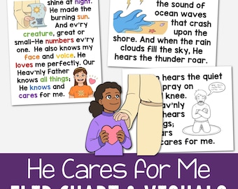 He Cares for Me Flip Chart | Visual Aids Teach Come Follow Me Song Slideshow Black and White Color Printable Primary LDS New Testament Hymn