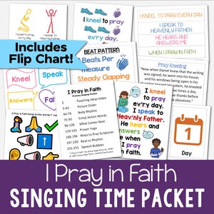 Könnte beinhalten: Eine Sammlung farbenfroher Karten und Diagramme mit religiösen Themen. Die Karten zeigen Sätze wie "I kneel to pray" und "I speak to Heavenly Father". Das Bild enthält den Text "I Pray in Faith Singing Time Packet."