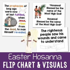 May include: Four illustrated cards for an Easter Hosanna flip chart. The first card shows Jesus rising from the tomb. The second card shows a man and woman holding palm branches. The third card shows the text "Hosanna! Blessed be the name of the Most High God!" The fourth card shows two hands reaching towards each other.