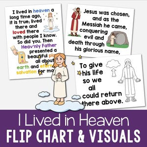 May include: A flip chart with visuals, featuring religious illustrations and text. The title "I Lived in Heaven" is displayed at the bottom. The images include depictions of Jesus, angels, and related religious themes.