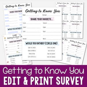 Getting to Know You Survey Printable & Editable PDF | About Me Quiz Teachers Students LDS Primary Singing Time Sunday School Come Follow Me