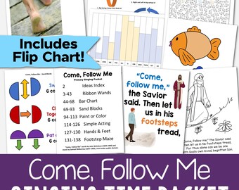 May include: A Come, Follow Me singing time packet featuring a flip chart, an ideas index, a footstep maze, a bar chart, and illustrations of a fish and a person walking. The packet includes instructional pages with text and diagrams for activities.