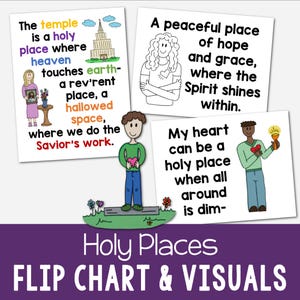 May include: A set of colorful flip charts and visuals with the theme of "Holy Places." The charts feature illustrations and text about temples, hope, grace, and the spirit. The title "Holy Places" is displayed in white text on a purple background.